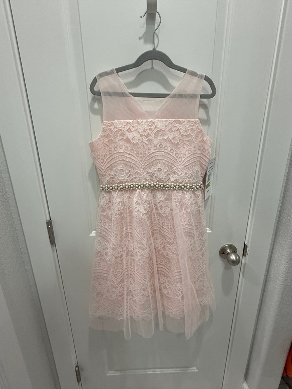 Girls Sunday Best Pale Pink Lace Dress with Pearl Waistband
